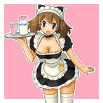  alternate_breast_size alternate_costume alternate_headwear blue_eyes breasts brown_hair cleavage covered_nipples duplicate haruka_(pokemon) hat large_breasts lowres milk pokemon solo thighhighs tsumitani_daisuke waitress 