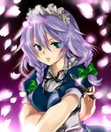  bad_id bad_pixiv_id braid green_eyes izayoi_sakuya knife lavender_hair maid mikazuki_tenma petals purple_hair ribbon solo touhou twin_braids 