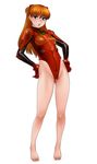  barefoot blue_eyes brown_hair feet hands_on_hips highleg highleg_leotard highres legs leotard lips long_hair matoyama neon_genesis_evangelion plugsuit red_leotard solo souryuu_asuka_langley 