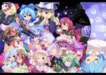  6+girls =_= ahoge alcohol beer blanket blonde_hair blue_eyes blue_hair blush bored bow braid brown_eyes character_mask chopsticks cirno crescent daiyousei dango dreaming drooling drunk eating everyone fan fang festival fish flandre_scarlet floating floral_print food goldfish green_eyes green_hair grin gun hair_bow hair_ribbon hakurei_reimu hand_up happy hat head_wings heart highres holding hong_meiling izayoi_sakuya japanese_clothes kimono kirisame_marisa koakuma kuroba_u lantern loafers long_hair looking_back maid_headdress mask multiple_girls night night_sky noodles obi one_eye_closed open_mouth paper_fan patchouli_knowledge pink_eyes ponytail purple_hair ramen ramune red_eyes red_hair remilia_scarlet ribbon rifle rumia sash shoes short_hair side_ponytail silver_hair sky sleeping smile sweatdrop tanzaku the_embodiment_of_scarlet_devil thought_bubble touhou twin_braids uchiwa wagashi water_yoyo weapon wings yukata yukkuri_shiteitte_ne 