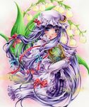  blue_ribbon blush book crescent crescent_hair_ornament flower hair_ornament hair_ribbon hat long_hair looking_at_viewer mob_cap patchouli_knowledge purple_eyes purple_hair red_ribbon ribbon simple_background solo touhou yuukitao 