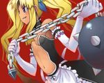  ball_and_chain bare_shoulders blonde_hair blue_eyes chain elbow_gloves face gloves goe hair_ribbon juliet_(vanpri) long_hair midriff navel ribbon solo twintails vanguard_princess weapon white_gloves 