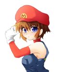  arm_warmers armpits bare_shoulders blue_eyes brown_hair genderswap genderswap_(mtf) gloves hat mario mario_(series) ochimusha overalls short_hair solo super_mario_bros. upper_body 