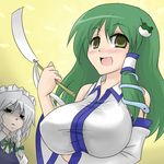  bags_under_eyes blush braid breast_envy breasts detached_sleeves empty_eyes frog gohei green_hair hair_ornament izayoi_sakuya jealous kochiya_sanae large_breasts long_hair looking_at_breasts maid multiple_girls oro_(zetsubou_girl) shaded_face short_hair snake touhou twin_braids 