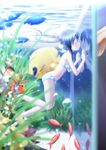  against_glass aquarium bikini black_hair closed_eyes fingers fish kiss long_hair minigirl ogata original solo_focus swimsuit twintails underwater 