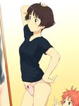  :&gt; blush bob_cut bow bow_panties brown_hair gake_no_ue_no_ponyo hand_on_hip jas kanchou lisa_(ponyo) mirror multiple_girls no_pants panties pink_panties ponyo reflection shirt short_hair standing surprised sweat underwear you_gonna_get_raped 