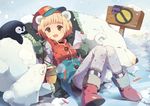  animal_ears bear bear_ears bird blonde_hair brown_eyes chick copyright_request crayon cub gloves hat letter open_mouth pantyhose polar_bear short_hair sign sitting smile snow solo tiru winter_clothes 