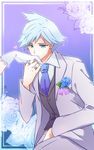 blue_eyes flower gloves groom hand_kiss jewelry kazayuu_(yuuri) kiss pokemon pokemon_(game) pokemon_oras ring short_hair silver_hair solo_focus tsuwabuki_daigo 