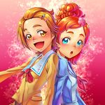  :d :o back-to-back blue_eyes brown_hair eyebrows futari_wa_precure_splash_star go!_princess_precure hair_bun hair_ornament hairclip haruno_haruka highres hyuuga_saki multiple_girls noble_academy_school_uniform open_mouth orange_hair pink_background precure school_uniform short_hair smile very_short_hair yamashiro_yoshifumi yellow_eyes yuunagi_middle_school_uniform 