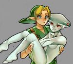  1girl blonde_hair blue_eyes carrying clothed_male_nude_female extra_eyes fish_girl grey_skin hat link monster_girl neaze nude pointy_ears princess_carry princess_ruto red_eyes smile the_legend_of_zelda the_legend_of_zelda:_ocarina_of_time tunic young_link zora 