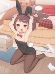  :o amazon_(company) animal_ears armpits arms_up backpack bag bare_shoulders blush bow bowtie box brand_name_imitation breasts brown_hair bunny_ears bunny_tail bunnysuit cleavage detached_collar fake_animal_ears flat_chest highres kotatsu looking_at_viewer open_mouth original pantyhose pink_eyes plaid plaid_skirt ponytail randoseru short_hair sitting skindentation skirt skirt_removed solo table tachimi_(basue) tail wariza wrist_cuffs 