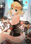  aqua_eyes ass bismarck_(kantai_collection) blonde_hair bra character_doll doll highres kantai_collection looking_at_viewer looking_back nasubi_(fian0202) open_mouth panties prinz_eugen_(kantai_collection) short_hair sitting solo_focus thighs underwear undressing white_bra white_panties 