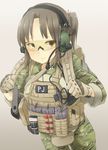  assault_rifle ayyh backpack bad_id bad_pixiv_id bag brown_eyes brown_hair glasses gloves gradient gradient_background gun headset highres light_smile load_bearing_vest m4_carbine magazine_(weapon) military military_uniform original radio rifle short_hair short_ponytail sling soldier solo uniform weapon 