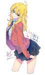  ahoge blonde_hair cardigan character_name copyright_name from_side green_eyes hoshii_miki idolmaster idolmaster_(classic) leaning_forward long_hair looking_at_viewer necktie open_cardigan open_clothes pleated_skirt pout skirt solo yuuna_(upper-soul) 