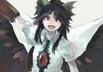  arm_cannon arm_up bad_id bad_twitter_id black_hair black_wings cape hair_ornament hair_ribbon ichiba_youichi long_hair looking_at_viewer open_mouth outstretched_arm puffy_sleeves red_eyes reiuji_utsuho ribbon shirt short_sleeves simple_background smile solo third_eye touhou upper_body weapon wings 