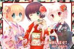  3girls angel_beats! arrow artist_name blonde_hair blue_eyes braid charlotte_(anime) chopsticks company_connection crossover ema food green_eyes hamaya hirari_minase holy_breaker! japanese_clothes kamikita_komari key_(company) kimono kotoyoro little_busters! long_hair mochi multiple_girls new_year pink_hair purple_hair red_eyes remotaro short_hair tomori_nao yuri_(angel_beats!) 