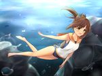  bad_id bad_pixiv_id brown_eyes brown_hair i-401_(kantai_collection) kantai_collection looking_at_viewer one-piece_swimsuit open_mouth ponytail sailor_collar school_swimsuit shiina_kuro smile solo swimming swimsuit swimsuit_under_clothes underwater 