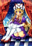  blonde_hair blush checkered checkered_floor chocolat_(momoiro_piano) choker curtains dress ears elbow_gloves full_body gloves grass hair_ribbon hat hat_ribbon high_heels long_hair mob_cap panties pantyshot pantyshot_(sitting) petals puffy_short_sleeves puffy_sleeves purple_dress purple_eyes red_footwear ribbon ribbon-trimmed_thighhighs ribbon_choker shoes short_sleeves sitting snowing solo thighhighs thighs touhou underwear white_gloves white_panties yakumo_yukari 