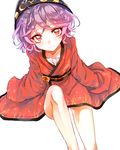  bare_legs bowl bowl_hat collarbone floral_print from_above hat japanese_clothes kimono long_sleeves looking_at_viewer obi pokan_(xz1128) purple_hair red_eyes revision sash short_hair sitting smile solo sukuna_shinmyoumaru touhou wide_sleeves 