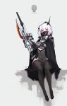  1girl arm_cannon bayonet cloak cyborg dspell eyebrows_visible_through_hair full_body gas_mask grey_background gun headgear high_collar highres long_hair looking_at_viewer original pink_eyes prosthesis prosthetic_arm rifle simple_background sitting solo thighhighs weapon white_hair wide_hips 