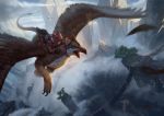  ambient_bird anthro armor avian beak bird black_nose body_armor bridge canid canine canis cloud conditional_dnp dipstick_tail duo feathered_wings feathers flying fur gryphon inner_ear_fluff latex_(artist) lying mammal mountain multicolored_tail on_front outside red_fur riding rope_bridge sky talons tongue tree waterfall wings wolf 