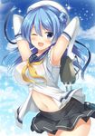  ;d armpits arms_up bangs bare_shoulders black_skirt blue_hair blue_sky breasts commentary cowboy_shot day double_bun elbow_gloves eyebrows_visible_through_hair gloves hair_between_eyes hat hat_ribbon kantai_collection large_breasts looking_at_viewer midriff navel neckerchief one_eye_closed open_mouth outdoors pleated_skirt ribbon sailor_collar sailor_hat school_uniform serafuku skirt sky sleeves_rolled_up smile solo tomoo_(tomo) urakaze_(kantai_collection) white_gloves white_hat yellow_neckwear 
