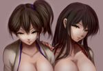  akagi_(kantai_collection) black_hair breasts breasts_outside brown_hair cleavage collarbone glaring hand_on_another's_shoulder japanese_clothes kaga_(kantai_collection) kantai_collection kimono large_breasts lipstick long_hair looking_at_viewer makeup maroon_background multiple_girls nail_polish open_clothes out-of-frame_censoring side_ponytail simple_background upper_body yamasuke_mk2 yellow_eyes 