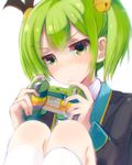  :&lt; bell blush closed_mouth controller derivative_work frown game_controller gamepad gj-bu green_eyes green_hair hair_bell hair_ornament holding kannazuki_tamaki knees_together knees_up long_hair looking_at_viewer new_game! school_uniform simple_background sitting solo title_parody trait_connection twintails v-shaped_eyebrows white_background yudough 