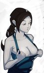  bare_shoulders black_hair breasts cleavage grey_eyes highres large_breasts long_hair looking_down parted_lips ponytail solo splashbrush tank_top white_skin wii_fit wii_fit_trainer 