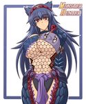  1girl animal_ears armor breasts capcom collar female fishnets hairband huge_breasts kano-0724 monster_hunter nargacuga_(armor) navel red_eyes solo underboob 