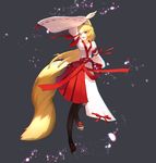  :d black_legwear blonde_hair breasts chromatic_aberration cleavage fox_tail full_body fuurai_no_shiren hakama hakama_skirt highres japanese_clothes kinketsu koharu_(fuurai_no_shiren) large_breasts long_hair long_sleeves nontraditional_miko open_clothes open_mouth pantyhose petals red_hakama red_skirt sandals skirt smile solo tail very_long_hair yellow_eyes 