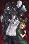  axe ben_drowned black_sclera candy crazy_eyes creepypasta equala evil_smile eyeless_jack faceless food glasses highres hood hooded_jacket jacket jeff_the_killer knife laughing_jack lollipop mask multiple_boys slender_man smile tentacles ticcy_toby weapon 