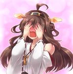  ahoge bare_shoulders blush brown_hair commentary covering_eyes embarrassed full-face_blush hands_over_eyes hanjuku_tomato headgear kantai_collection kongou_(kantai_collection) long_hair nontraditional_miko open_mouth reaction ribbon-trimmed_sleeves ribbon_trim solo 