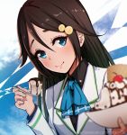  1girl arm_up bangs black_hair black_shirt blue_eyes blue_neckwear blurry bowl cherry chocolate closed_mouth commentary_request depth_of_field food fruit hair_between_eyes hair_ornament holding holding_bowl holding_spoon ice_cream izumi_reina kerchief long_hair long_sleeves looking_at_viewer magion02 musaigen_no_phantom_world shirt solo spoon watermark web_address wing_collar 