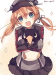  :d blonde_hair carrying failure_penguin fang gloves hat kantai_collection long_hair open_mouth peaked_cap prinz_eugen_(kantai_collection) shugao sketch smile sparkle twintails twitter_username uniform v-shaped_eyebrows 