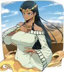  bare_shoulders black_hair blue_eyes breasts covered_nipples dark_skin egyptian highres ishizu_ishtar jewelry large_breasts long_hair sand solo space_jin wide_sleeves yuu-gi-ou yuu-gi-ou_duel_monsters 