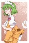  anna_miller apron bad_id bad_pixiv_id blouse blush commentary green_hair hammer_(sunset_beach) kazami_yuuka looking_at_viewer name_tag open_mouth orange_skirt puffy_sleeves red_eyes short_hair short_sleeves skirt solo touhou waitress 