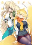  animal_ears big_hair black_legwear blonde_hair breasts casual collaboration contemporary fox_ears fox_tail green_eyes kodama_yuu kyoukaisenjou_no_horizon large_breasts long_hair mogami_yoshiaki_(horizon) multiple_girls pantyhose scarf tail tsurugi_yasuyuki turenne very_long_hair yellow_eyes 