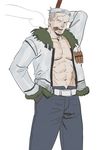  1boy belt cigar gloves hand_in_pocket jacket jitte male male_focus marine nude_jacket one_piece simple_background smoker smoking solo weapon white_hair 