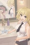  1girl astolfo_(fate) blonde_hair casual fate/apocrypha fate_(series) highres jeanne_d'arc_(fate) jeanne_d'arc_(fate)_(all) long_hair mirror necktie open_mouth otoko_no_ko pink_hair polaris55740 reflection shorts sink smile wet 