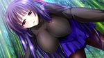  1girl all_fours amasaka_takashi bamboo blue_eyes blush breasts erect_nipples from_below game_cg hanging_breasts highres huge_breasts legs long_hair looking_at_viewer open_mouth pantyhose purple_hair skirt solo thighs toujou_amane unionism_quartet 