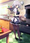  apron black_legwear blue_eyes blush bow bowl braid checkered checkered_floor clock commentary_request cooking finger_to_mouth food hair_bow izayoi_sakuya kitchen ladle looking_at_viewer maid maid_headdress morogami_ryou pantyhose pot short_hair silver_hair solo stove table teapot touhou twin_braids waist_apron 