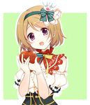  apple blush bow brown_hair crown food fruit gatakenjin green_background hair_bow hairband koizumi_hanayo looking_at_viewer love_live! love_live!_school_idol_project open_mouth purple_eyes ribbon short_hair solo 