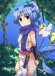  animal_ears blue_eyes blue_hair blush bow bracer breasts bush china_dress chinese_clothes day dog_days dress forehead_jewel highres jyuuji no_bra no_panties pig plant ponytail ponytail_holder quiver sash scarf sharu_(dog_days) side_slit sideboob sky small_breasts solo tabard tail tree vines wings 