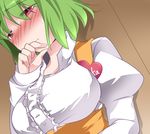  alternate_costume anna_miller bad_id bad_pixiv_id blush breasts commentary hammer_(sunset_beach) kazami_yuuka large_breasts long_sleeves name_tag puffy_sleeves solo touhou waitress 