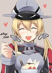  anchor_hair_ornament blonde_hair blush closed_eyes food fuuma_nagi hair_ornament hat heart kantai_collection long_hair military military_uniform open_mouth peaked_cap prinz_eugen_(kantai_collection) pudding simple_background smile solo spoon twintails twitter_username uniform 