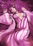  bangs colorized crescent crescent_hair_ornament dress hair_ornament hoshitetsu_ringo long_hair long_sleeves lying nail_polish no_hat no_headwear on_back open_clothes open_dress pajamas patchouli_knowledge purple_eyes purple_hair sketch solo striped striped_dress touhou wide_sleeves 
