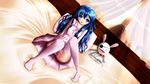  278004410 bed blue_eyes blue_hair date_a_live hand_puppet highres knees_together_feet_apart long_hair nightgown panties pantyshot pantyshot_(sitting) pillow pink_panties puppet sitting smile solo thighhighs underwear yoshino_(date_a_live) yoshinon 