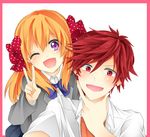  1girl ;d bow chin_stroking gekkan_shoujo_nozaki-kun hair_bow maki65 mikoshiba_mikoto one_eye_closed open_mouth orange_hair polka_dot polka_dot_bow purple_eyes red_eyes red_hair sakura_chiyo smile v 