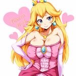  1girl artist_request blonde_hair blue_eyes blush breasts brooch bursting_breasts character_name cleavage contrapposto crown dress earrings elbow_gloves gloves hand_on_hip heart hearts huge_breasts jewelry large_breasts long_hair looking_at_viewer mario_(series) no_bra pendant princess princess_peach smile solo super_mario_bros. 